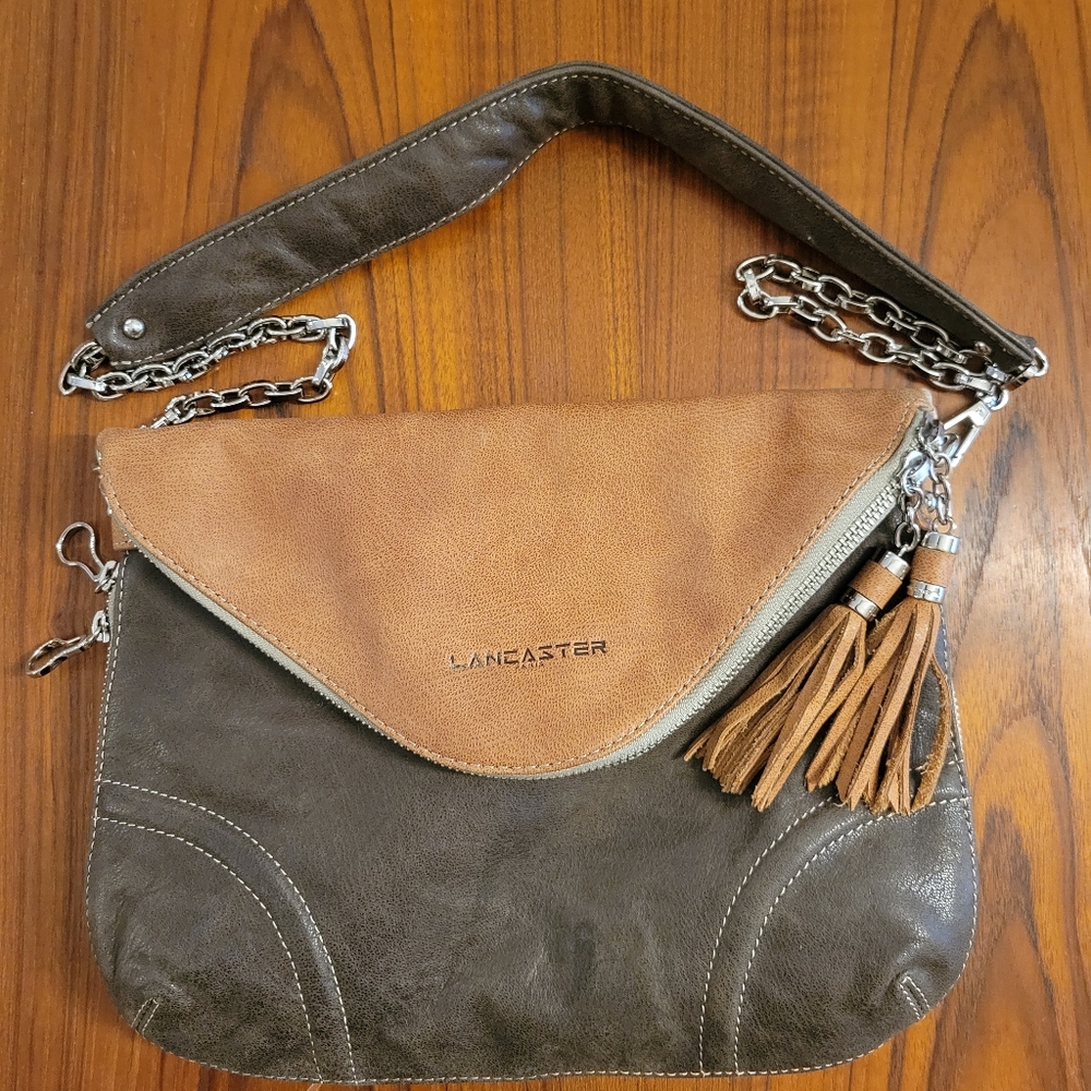Lancaster Paris Brown and Gray Leather Shoulder Bag